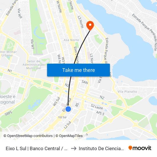 Eixo L Sul | Banco Central / Hospital de Base to Instituto De Ciencias Sociais(Ics) map