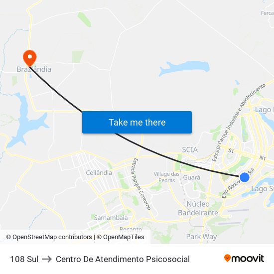 108 Sul to Centro De Atendimento Psicosocial map