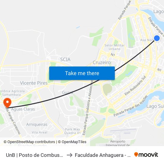 UnB | Posto de Combustíveis / Subway to Faculdade Anhaguera - Taguatinga Sul map