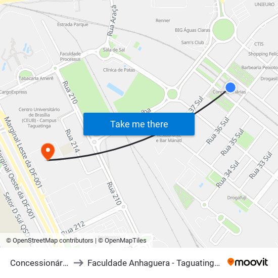 Concessionárias to Faculdade Anhaguera - Taguatinga Sul map