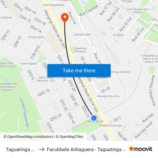 Taguatinga Sul to Faculdade Anhaguera - Taguatinga Sul map