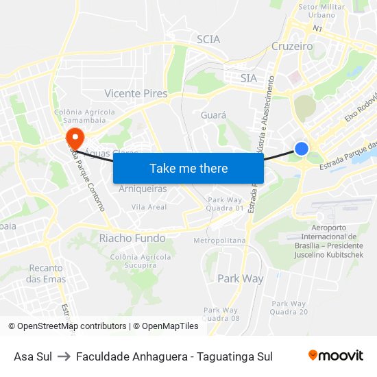 Asa Sul to Faculdade Anhaguera - Taguatinga Sul map