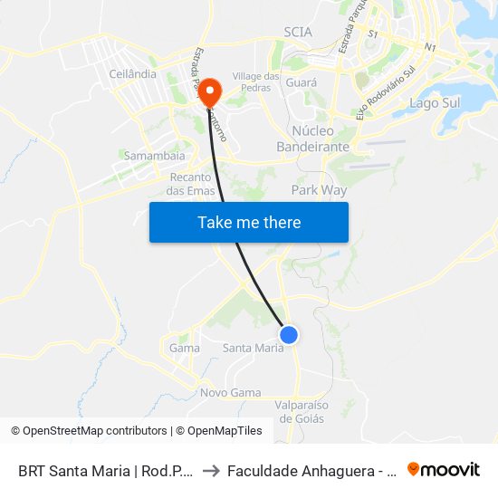 BRT Santa Maria | Rod.P.Piloto / W3 Sul to Faculdade Anhaguera - Taguatinga Sul map