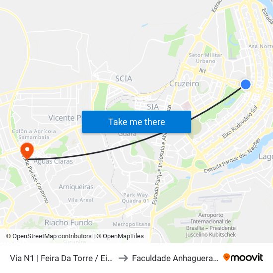 Via N1 | Feira Da Torre / Eixo Ibero-Americano to Faculdade Anhaguera - Taguatinga Sul map