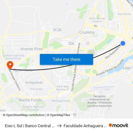Eixo L Sul | Banco Central / Hospital de Base to Faculdade Anhaguera - Taguatinga Sul map