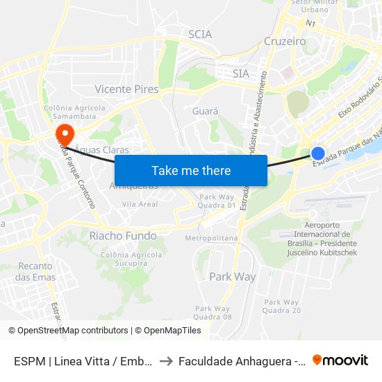 ESPM | Linea Vitta / Embaixada do Iraque to Faculdade Anhaguera - Taguatinga Sul map