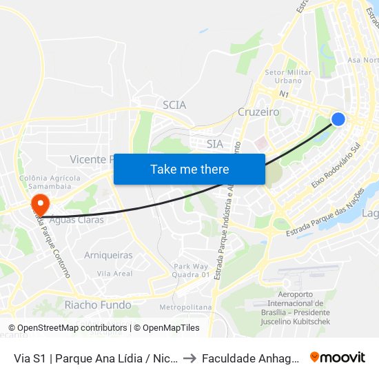 Via S1 | Parque Ana Lídia / Nicolandia / Eixo Ibero-Americano to Faculdade Anhaguera - Taguatinga Sul map
