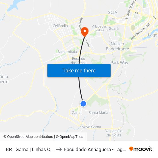 BRT Gama | Linhas Circulares to Faculdade Anhaguera - Taguatinga Sul map