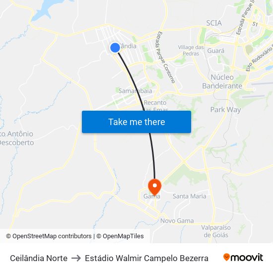 Ceilândia Norte to Estádio Walmir Campelo Bezerra map
