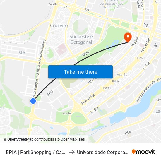 EPIA | ParkShopping / Carrefour (SEMIURBANO) to Universidade Corporativa Banco Do Brasil map