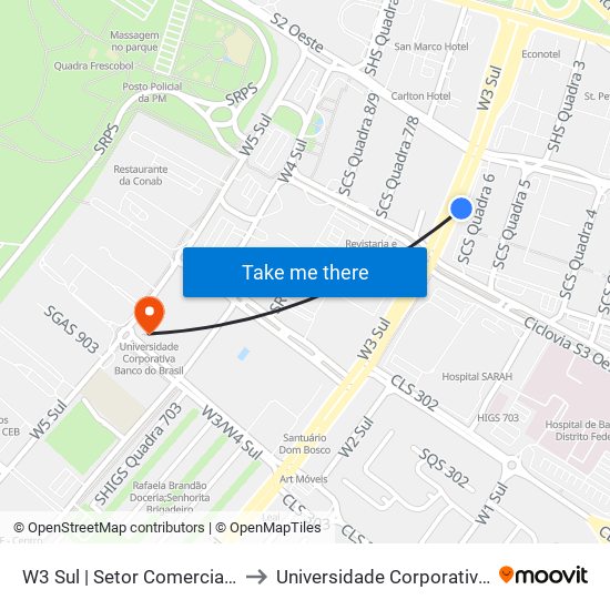 W3 Sul | Setor Comercial Sul / Pátio Brasil to Universidade Corporativa Banco Do Brasil map