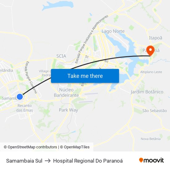 Samambaia Sul to Hospital Regional Do Paranoá map