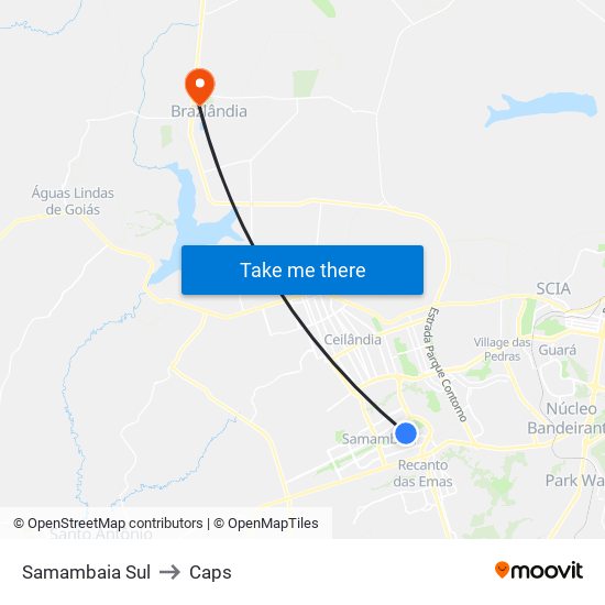 Samambaia Sul to Caps map