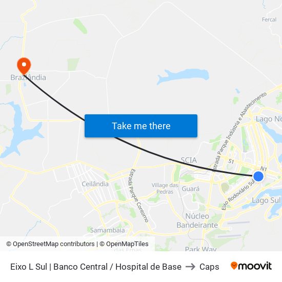 Eixo L Sul | Banco Central / Hospital de Base to Caps map