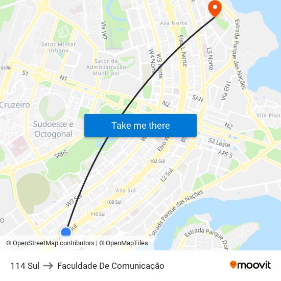 114 Sul to Faculdade De Comunicação map