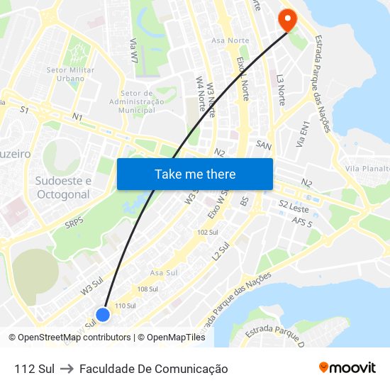 112 Sul to Faculdade De Comunicação map