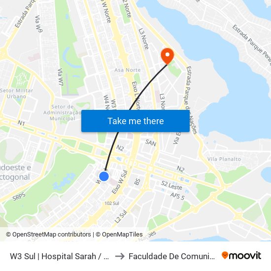 W3 Sul | Hospital Sarah / SRTVS to Faculdade De Comunicação map