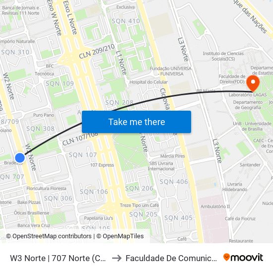 W3 Norte | 707 Norte (CEUB) to Faculdade De Comunicação map