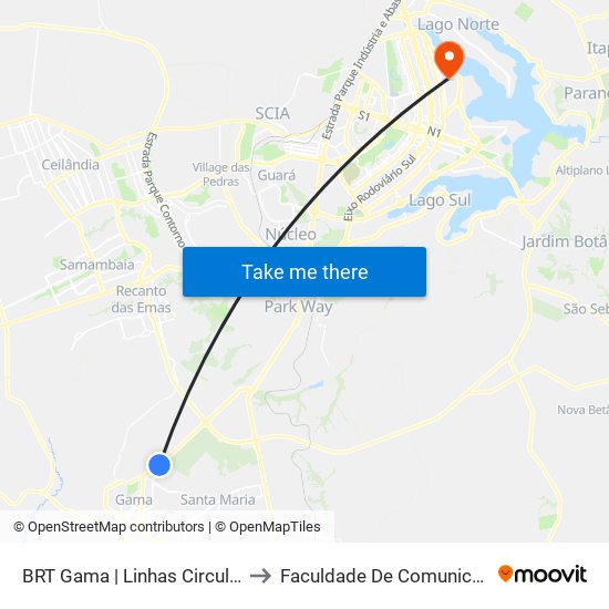 BRT Gama | Linhas Circulares to Faculdade De Comunicação map