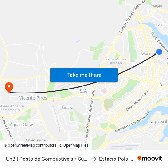 UnB | Posto de Combustíveis / Subway to Estácio Polo Ead map