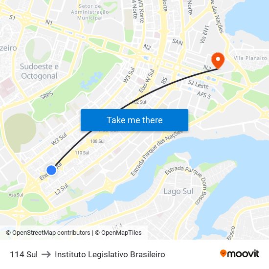 114 Sul to Instituto Legislativo Brasileiro map