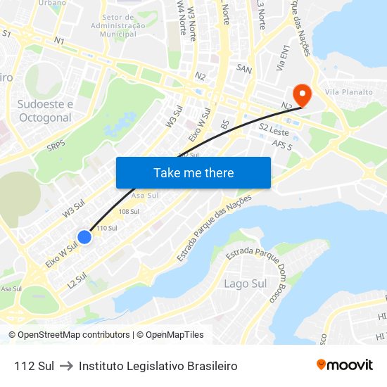 112 Sul to Instituto Legislativo Brasileiro map