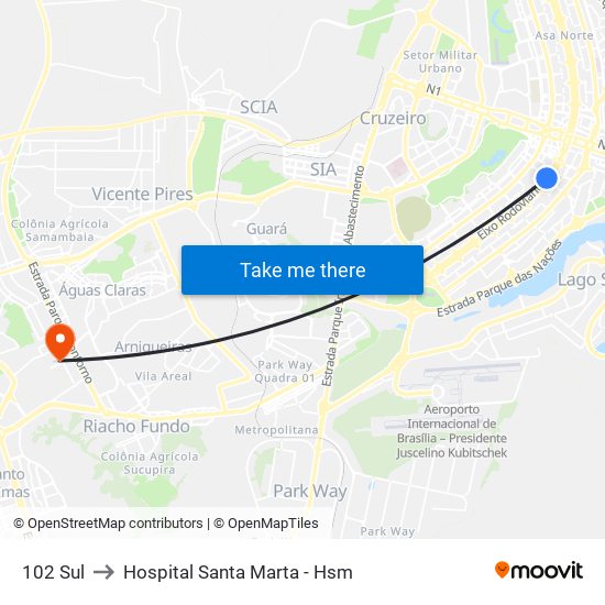 102 Sul to Hospital Santa Marta - Hsm map