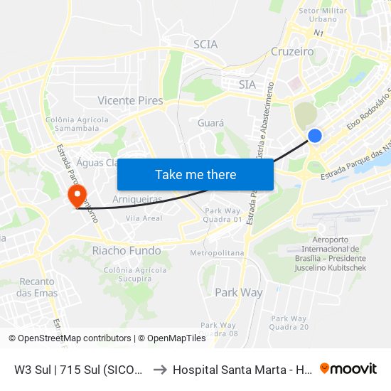 W3 Sul | 715 Sul (SICOOB) to Hospital Santa Marta - Hsm map