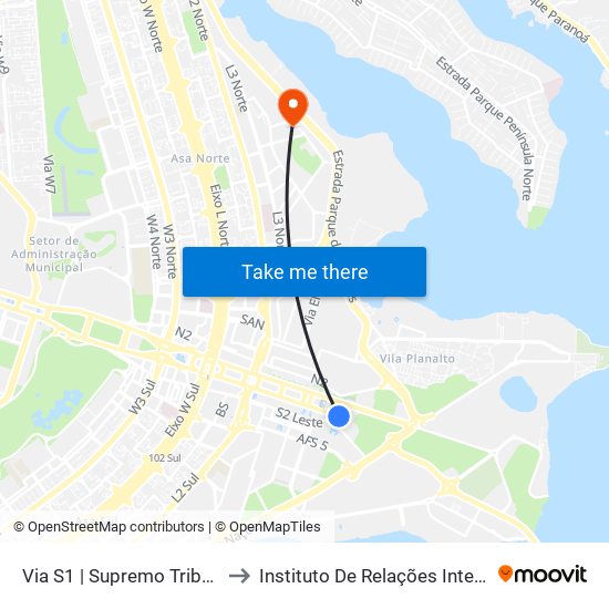 Via S1 | Supremo Tribunal Federal / Praça dos Três Poderes to Instituto De Relações Internacionais(Irel) / Instituto De Ciência Política map