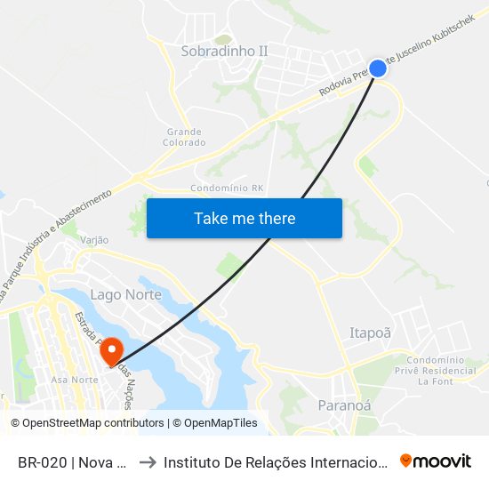 BR-020 | Nova Dignéia / Quadra 18 to Instituto De Relações Internacionais(Irel) / Instituto De Ciência Política map