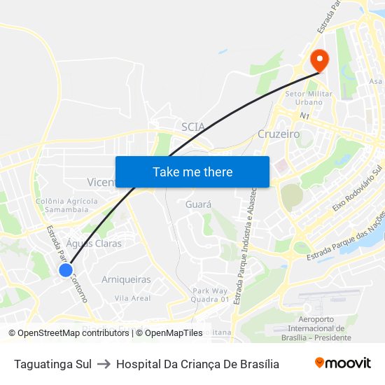 Taguatinga Sul to Hospital Da Criança De Brasília map
