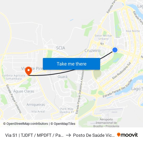 Via S1 | TJDFT / MPDFT / Palácio do Buriti to Posto De Saúde Vicente Pires map