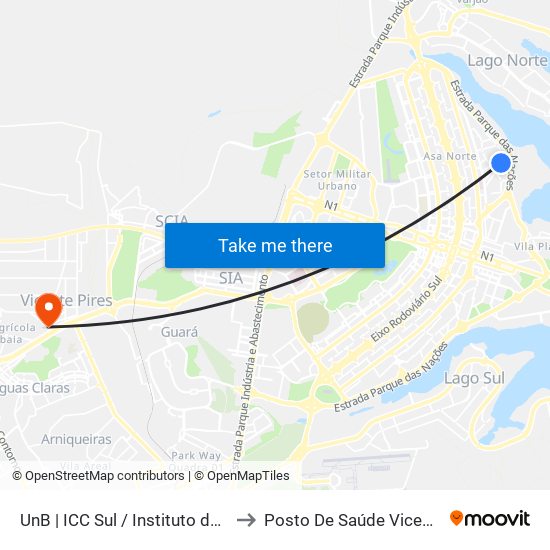 UnB | ICC Sul / Instituto de Biologia to Posto De Saúde Vicente Pires map