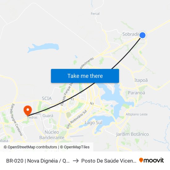 BR-020 | Nova Dignéia / Quadra 18 to Posto De Saúde Vicente Pires map