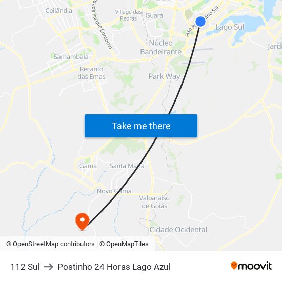 112 Sul to Postinho 24 Horas Lago Azul map