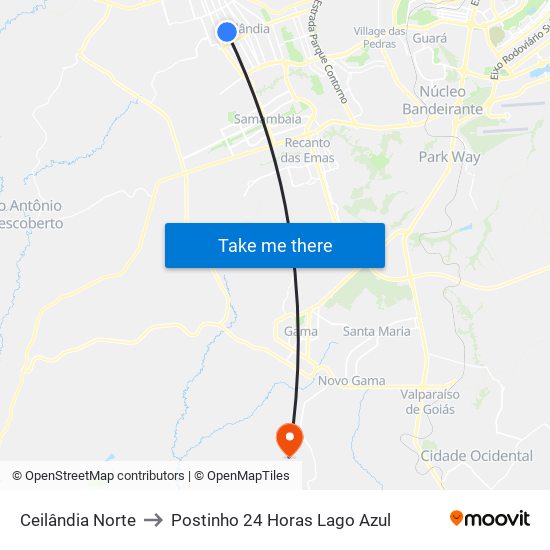 Ceilândia Norte to Postinho 24 Horas Lago Azul map