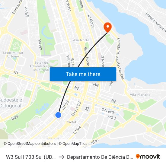 W3 Sul | 703 Sul (UDF / Big Box) to Departamento De Ciência Da Computação map