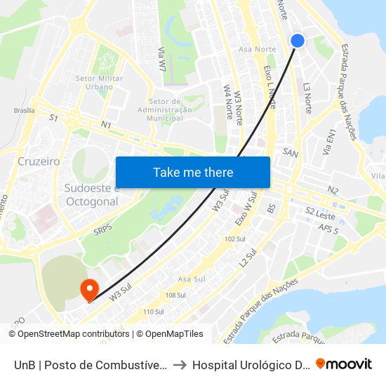 UnB | Posto de Combustíveis / Subway to Hospital Urológico De Brasília map