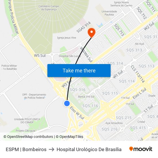 ESPM | Bombeiros to Hospital Urológico De Brasília map