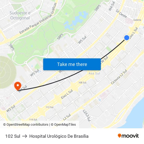 102 Sul to Hospital Urológico De Brasília map