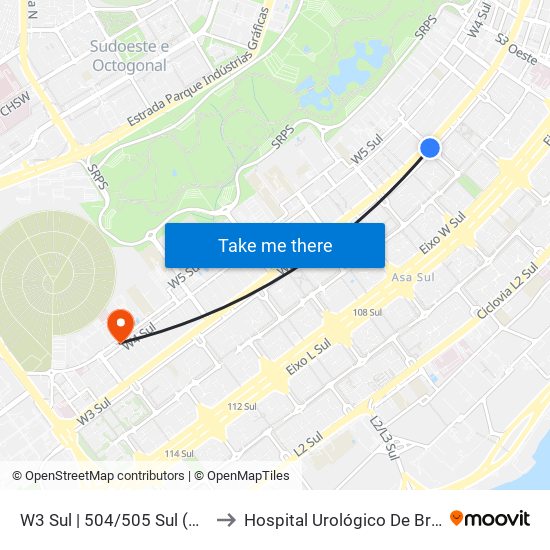 W3 Sul | 504/505 Sul (SESC) to Hospital Urológico De Brasília map