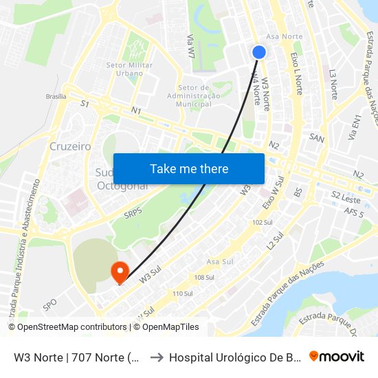W3 Norte | 707 Norte (CEUB) to Hospital Urológico De Brasília map