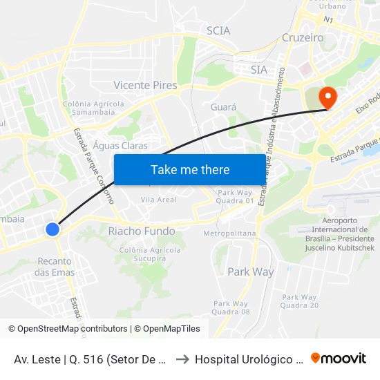 Av. Leste | Q. 516 (Setor De Mansões Q. 5) to Hospital Urológico De Brasília map