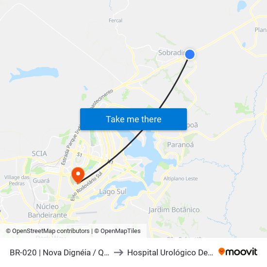 BR-020 | Nova Dignéia / Quadra 18 to Hospital Urológico De Brasília map