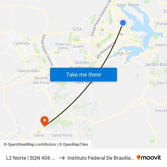 L2 Norte | SQN 406 (UnB / CEAN) to Instituto Federal De Brasília - Campus Gama map