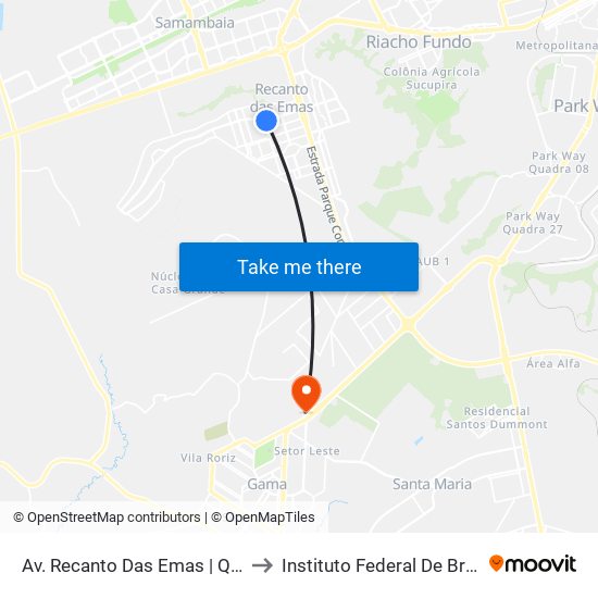 Av. Recanto Das Emas | Qd. 203 (Igreja Universal) to Instituto Federal De Brasília - Campus Gama map