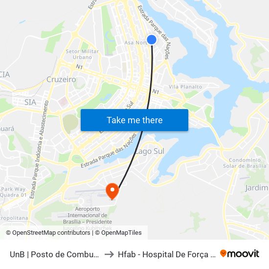UnB | Posto de Combustíveis / Subway to Hfab - Hospital De Força Aérea De Brasília map