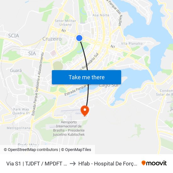 Via S1 | TJDFT / MPDFT / Palácio do Buriti to Hfab - Hospital De Força Aérea De Brasília map