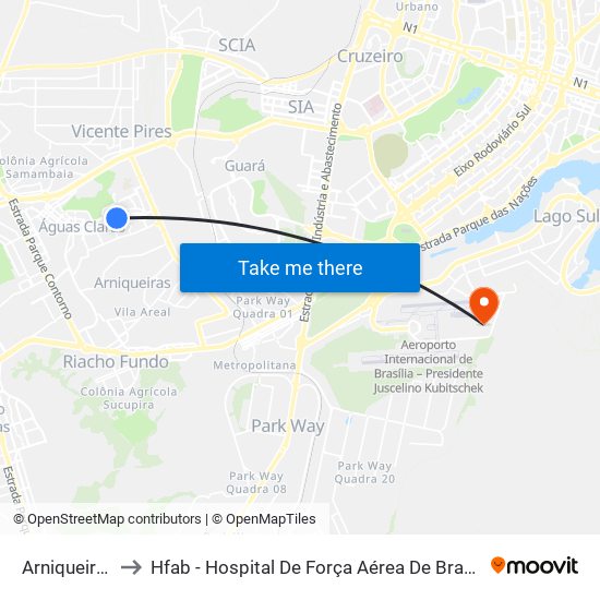 Arniqueiras to Hfab - Hospital De Força Aérea De Brasília map