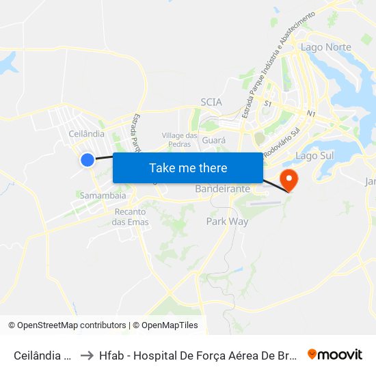 Ceilândia Sul to Hfab - Hospital De Força Aérea De Brasília map
